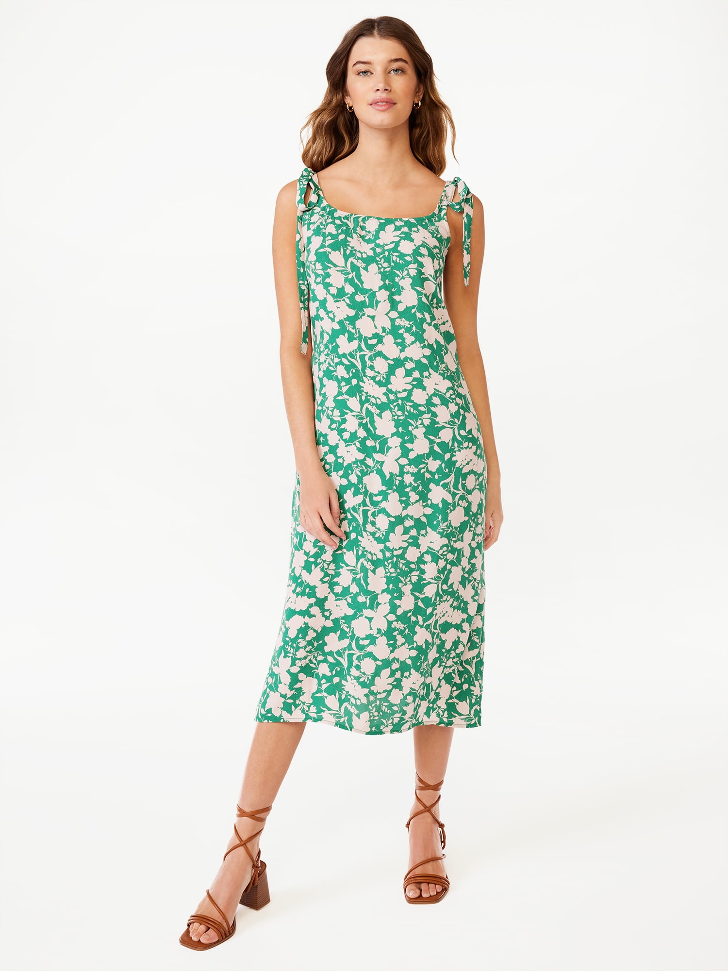 Free Assembly Women's Sleeveless Tie Shoulder Midi Slip Dress, Sizes XS ...
