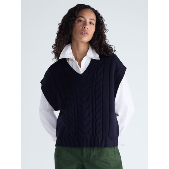 Free Assembly Women's Cable Knit Sweater with Short Sleeves, Lightweight, Sizes XS-XXL