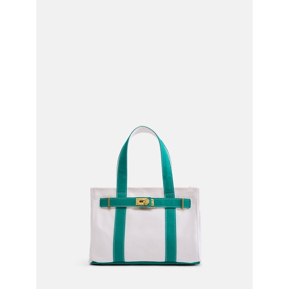 Free Assembly Women's Small Canvas Tote Handbag, Natural/Green