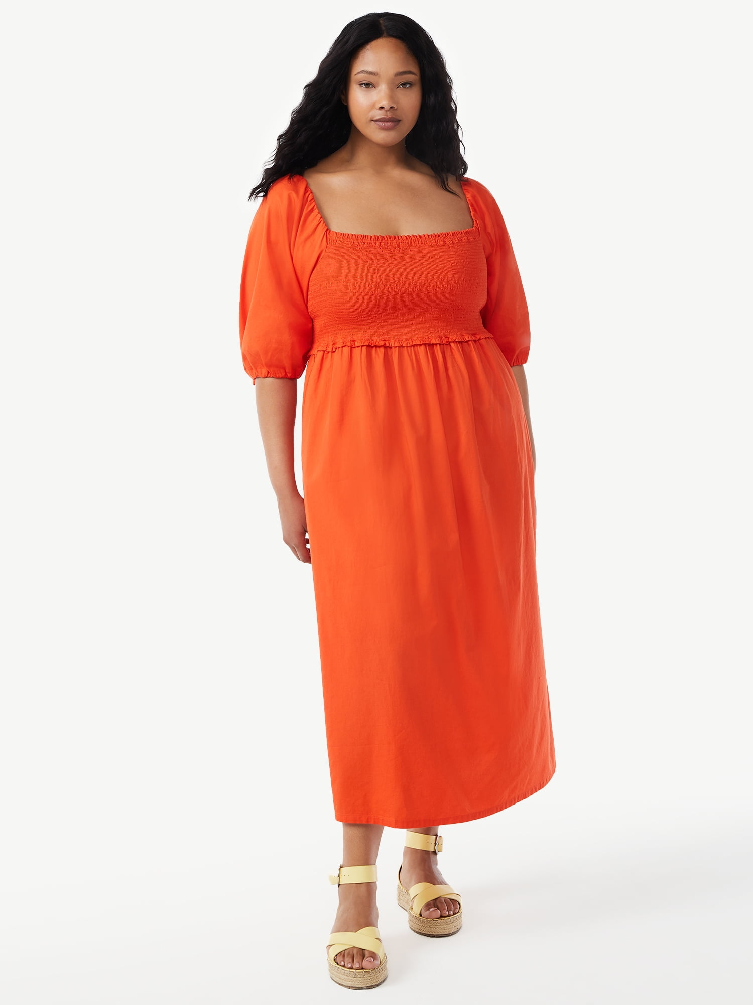 Free Assembly Women's Smocked Midi Dress with Convertible Sleeves -  Walmart.com