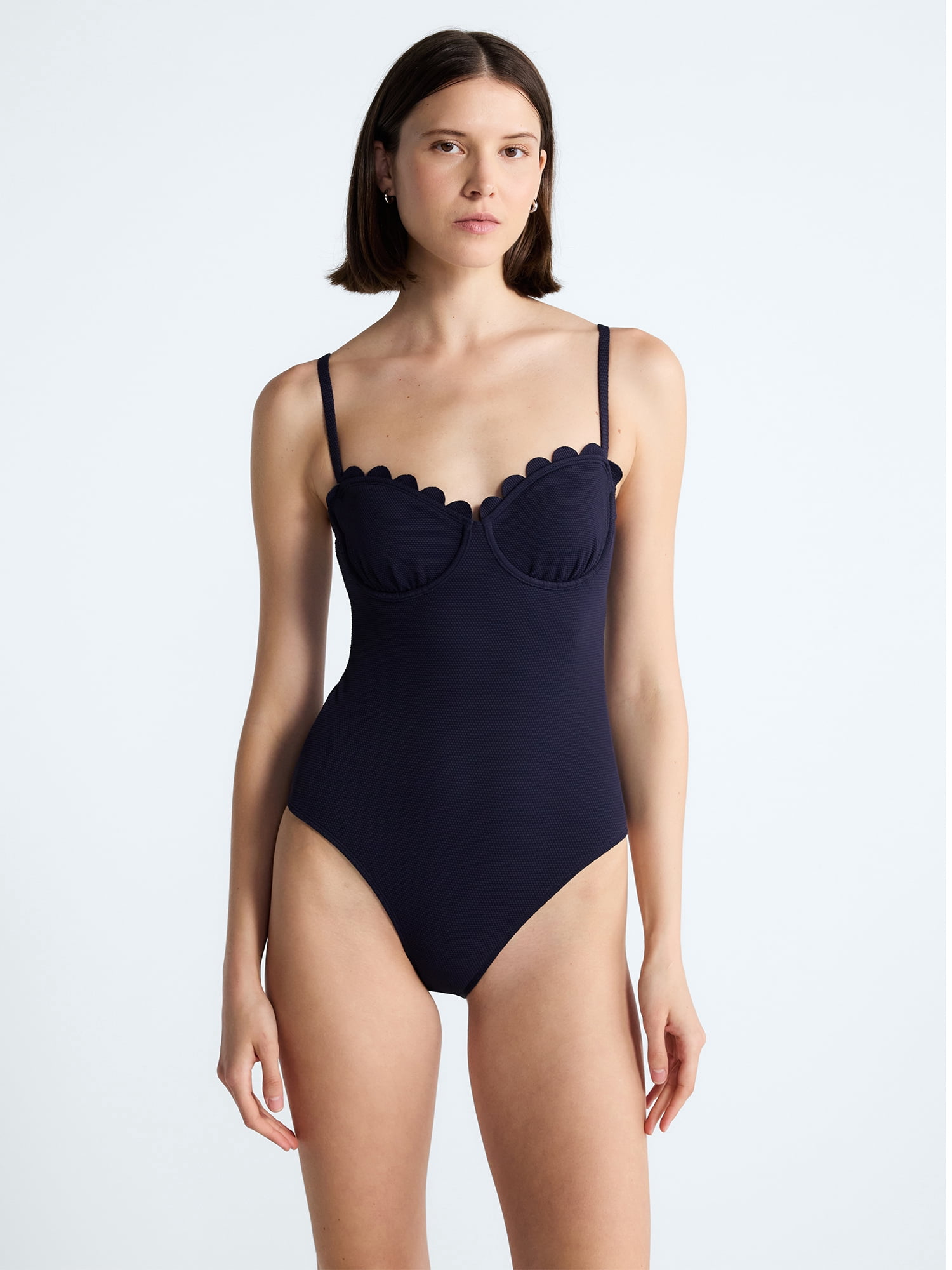 Free Assembly Women's Scalloped Balconette Underwire One Piece Swimsuit, Sizes XS-XL