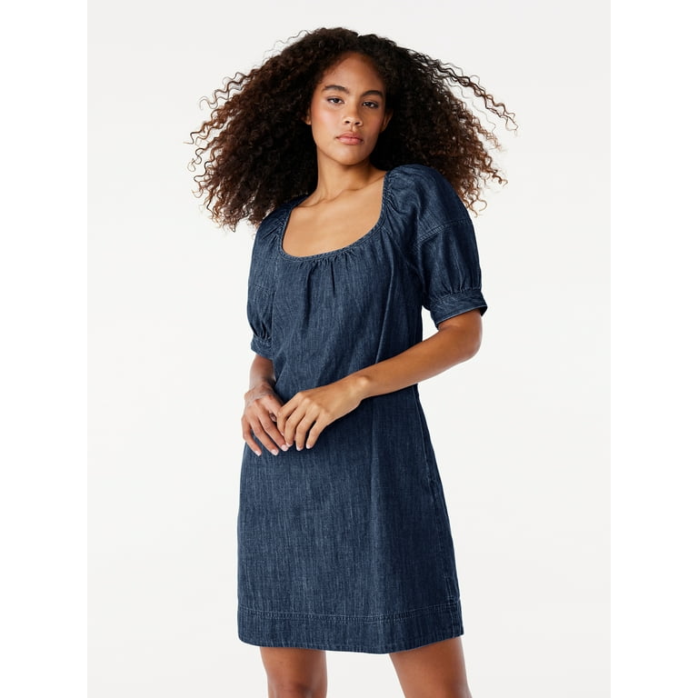 Free Assembly Women's Square Neck Denim Mini Dress with Puff