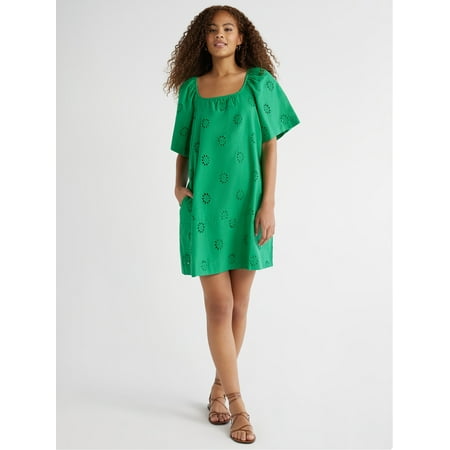 Free Assembly Women's Square Neck Eyelet Mini Dress with Short Sleeves, Sizes XS-XXL
