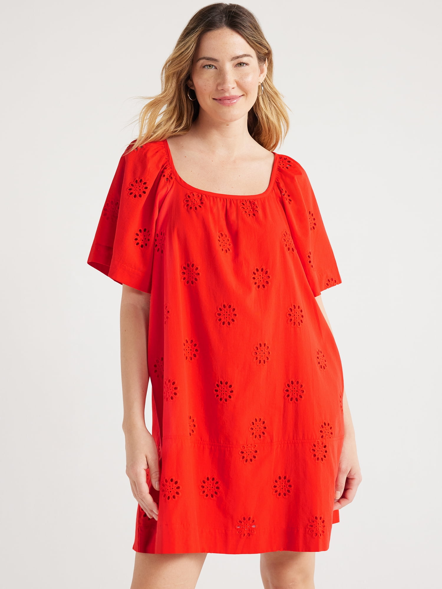 Free Assembly Women's Square Neck Eyelet Mini Dress with Short Sleeves, Sizes XS-XXL