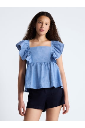 Women's Square Neck Cotton Top with Flutter Sleeves, Sizes XS-XXL