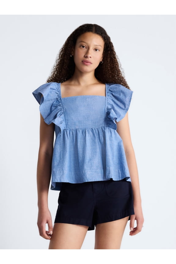 Women's Square Neck Cotton Top with Flutter Sleeves, Sizes XS-XXL
