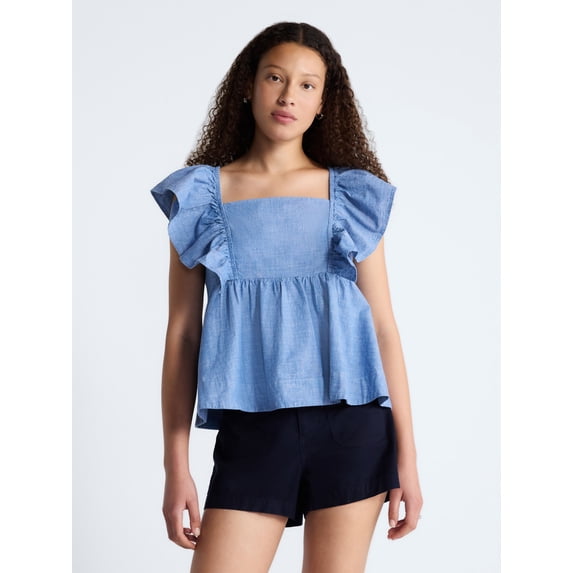 Free Assembly Women's Square Neck Cotton Top with Flutter Sleeves, Sizes XS-XXL
