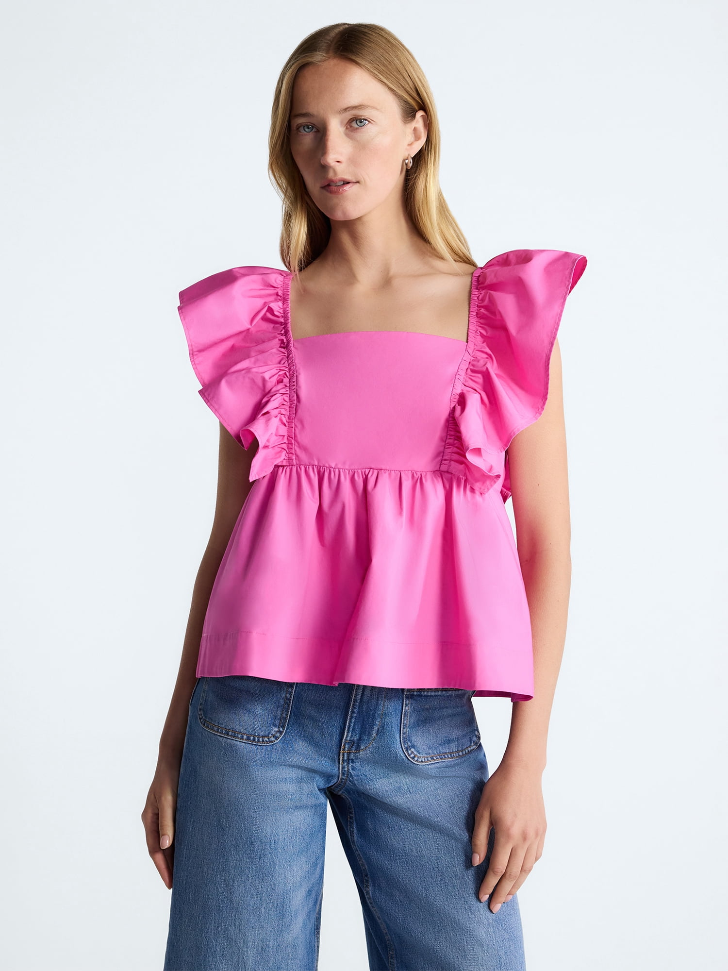 Free Assembly Women's Square Neck Cotton Top with Flutter Sleeves, Sizes XS-XXL