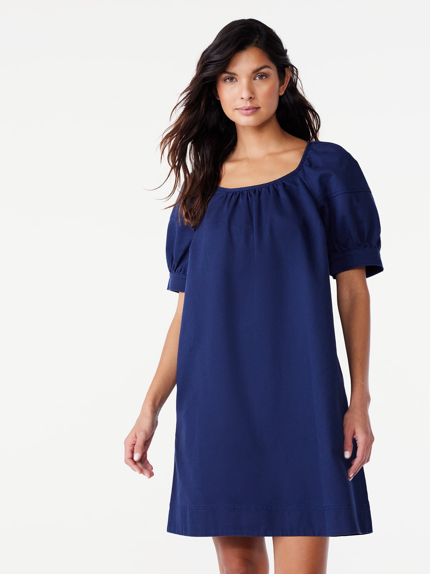Free Assembly Women's Square Neck Mini Dress with Puff Sleeves, Sizes XS-XXL