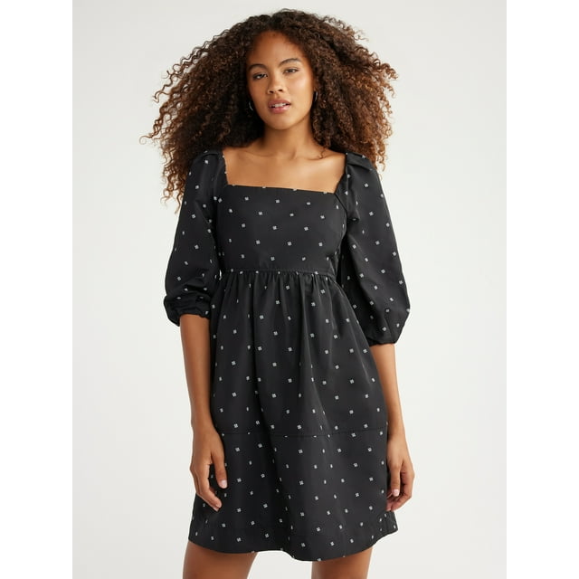 Free Assembly Women's Square-Neck Mini Dress with ¾ Sleeves, Sizes XS-XXXL