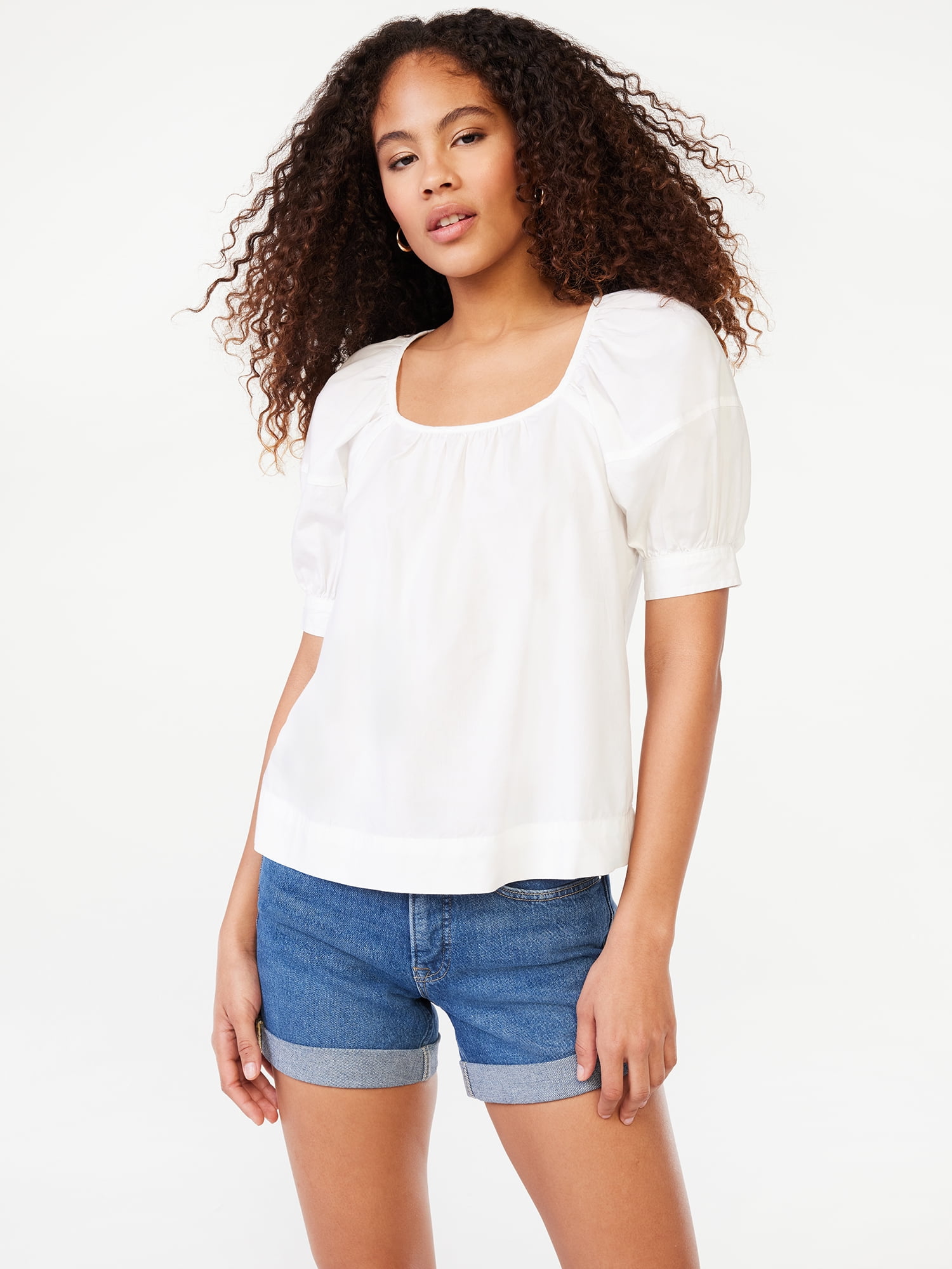 Free Assembly Women's Square Neck Top with Short Puff Sleeves, Sizes XS ...