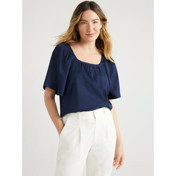 Free Assembly Women’s Square Neck Top with Short Sleeves, Sizes XS-XXL
