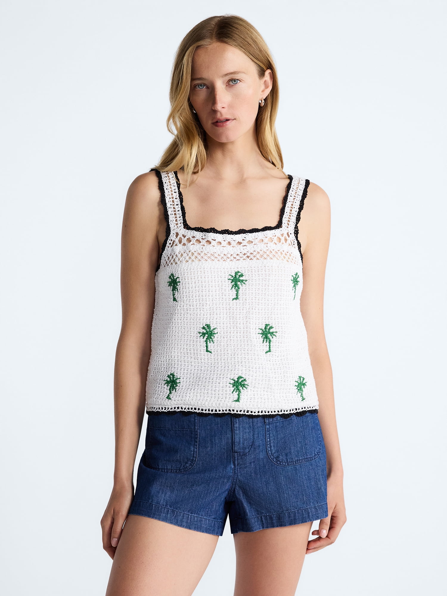 Free Assembly Women's Embroidered Square Neck Cotton Tank Top, Sizes XS-XXL