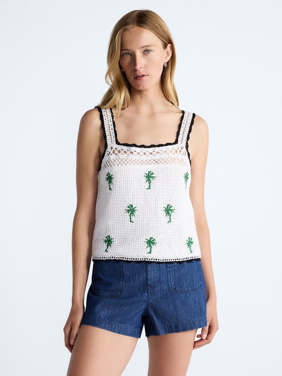 Women's Embroidered Square Neck Cotton Tank Top, Sizes XS-XXL