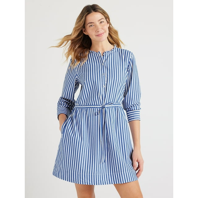 Free Assembly Women’s Striped Ruffle Neck Mini Dress, Sizes XS-XXL ...
