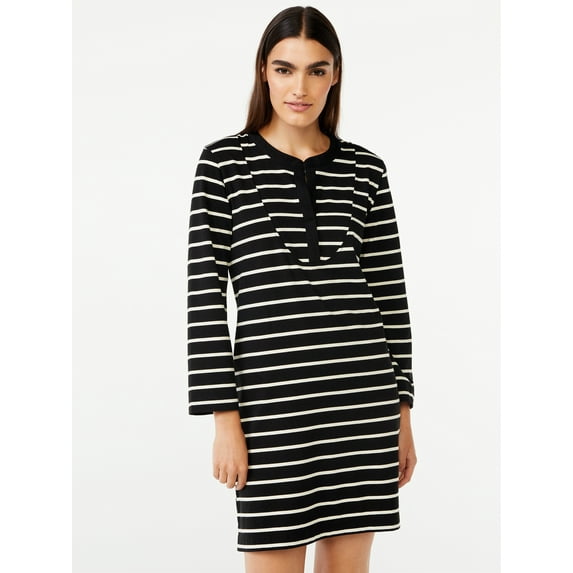 Free Assembly Women's Striped T-Shirt Bib Mini Dress with Long Sleeves