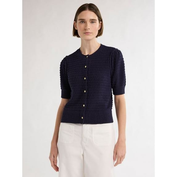 Free Assembly Women’s Textured Cardigan Sweater with Short Puff Sleeves, Lightweight, Sizes XS-XXXL