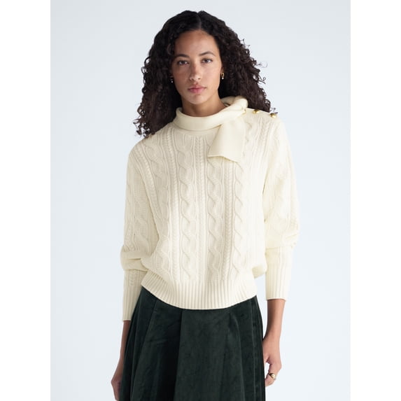 Free Assembly Women’s Tie Neck Cable Knit Sweater, Midweight, Sizes XS-XXL