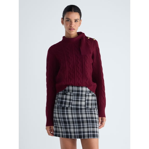 Free Assembly Women’s Tie Neck Cable Knit Sweater, Midweight, Sizes XS-XXL