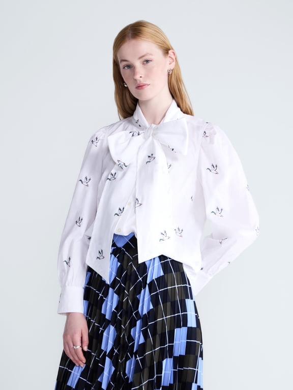 Women's Tie Neck Print Cotton Shirt with Long Puff Sleeves, Sizes XS-XXL