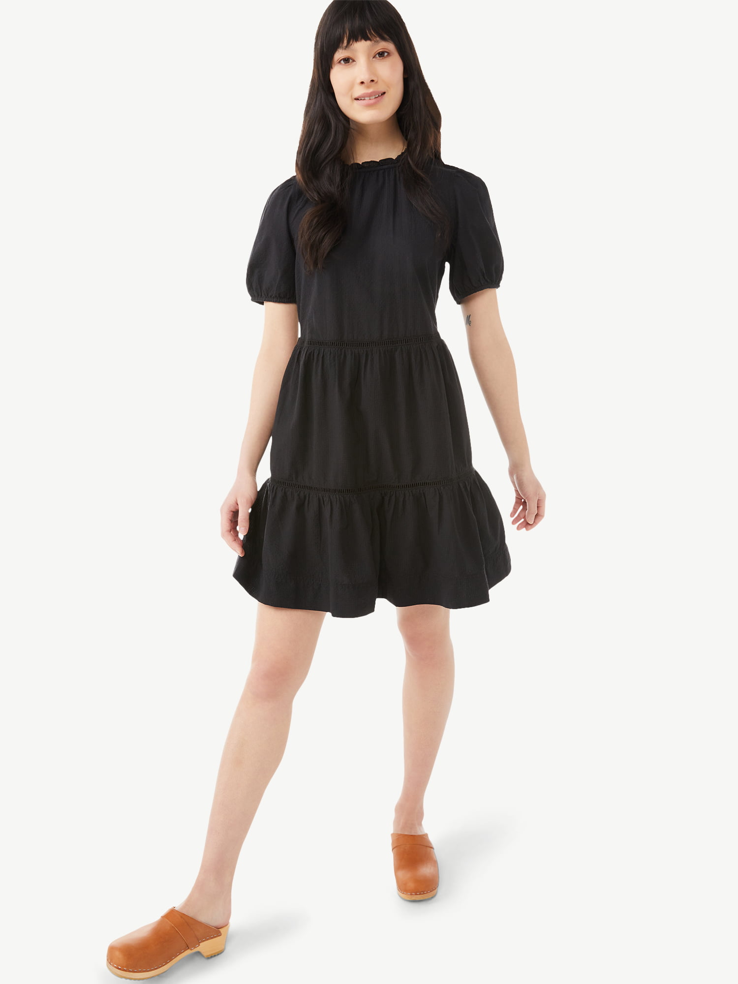 Free Assembly Women’s Tiered Mini Dress with Puff Sleeves - Walmart.com