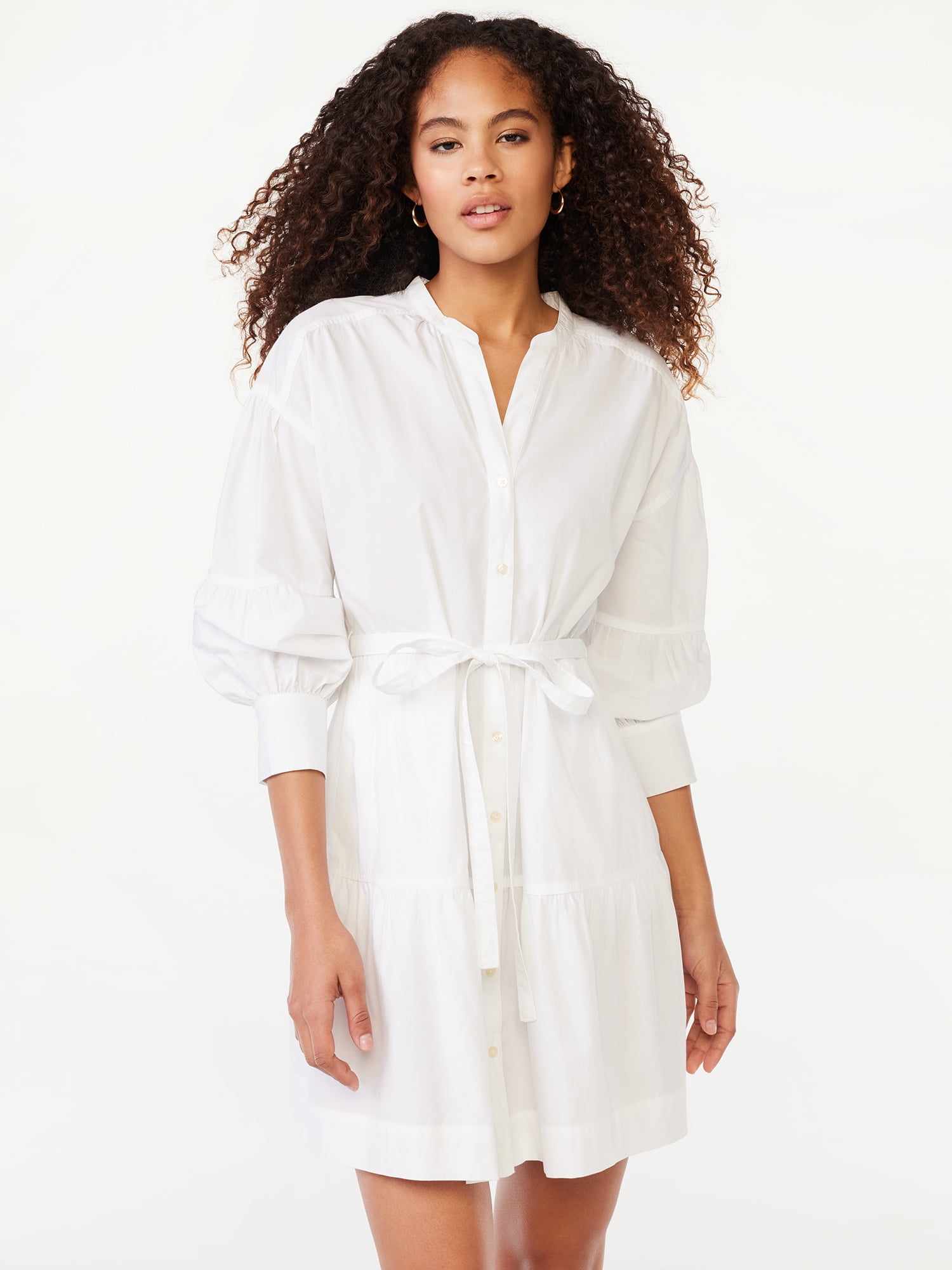 Free Assembly Women's Tiered Mini Shirt Dress with Long Sleeves, Sizes XS-XXL