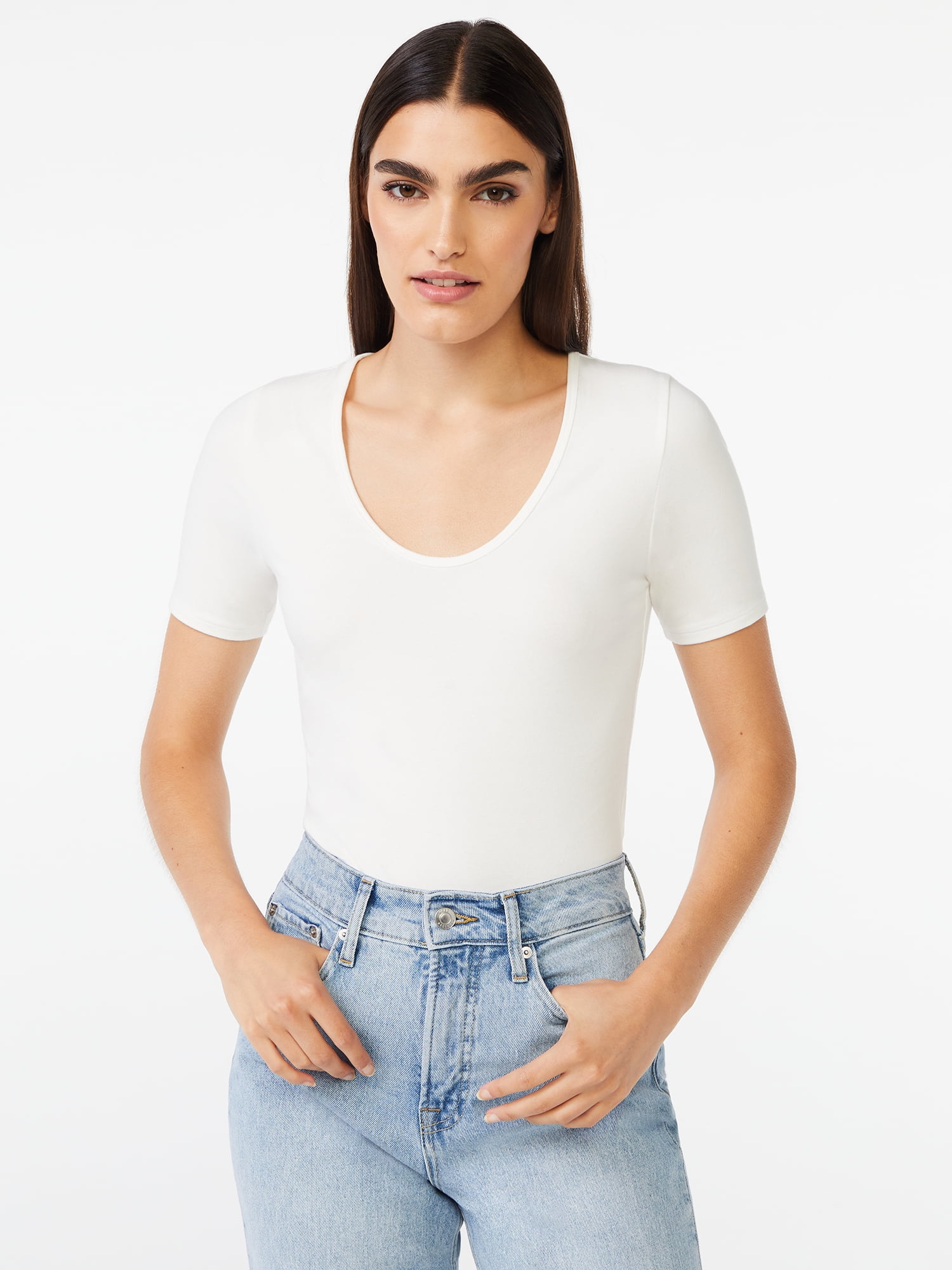 Free Assembly Women's U-Neck Bodysuit with Short Sleeves