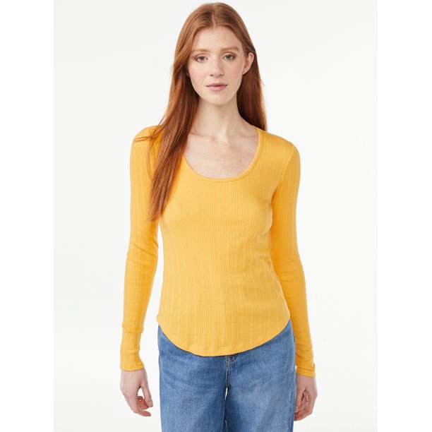 Free Assembly Women's UNeck Novelty Rib Tee with Long Sleeves