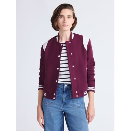 Free Assembly Women's and Women's Plus Faux Wool Varsity Jacket, Sizes XS-4X