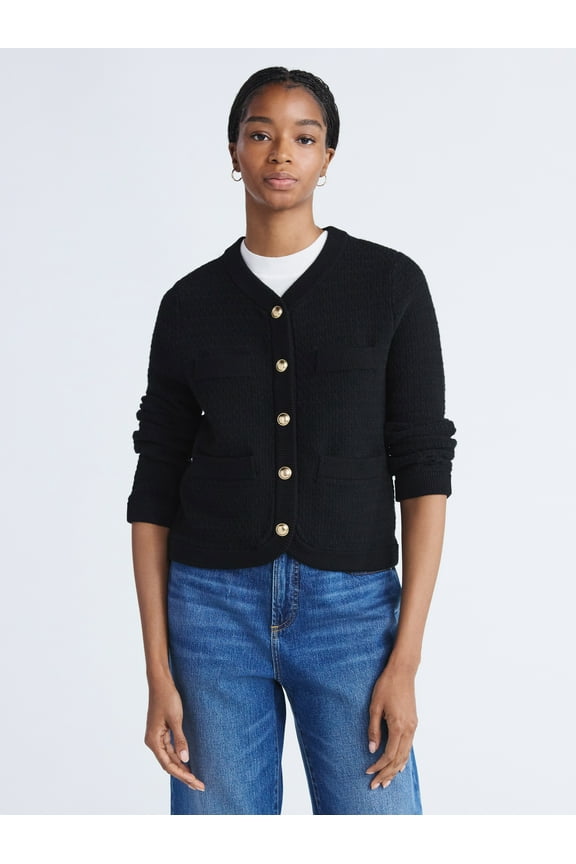 Women's and Women's Plus Textured Cardigan Sweater with Welt Pockets, Lightweight, Sizes XS-4X