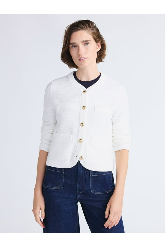 Women's and Women's Plus Textured Cardigan Sweater with Welt Pockets, Lightweight, Sizes XS-4X