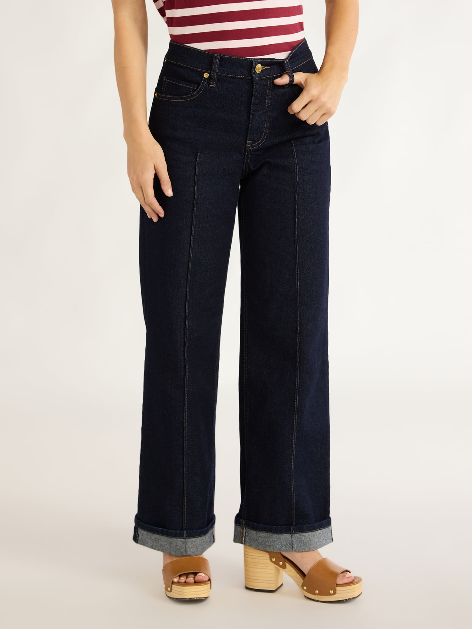 Free Assembly Women's Wide Leg High Rise Pintuck Jeans, 29” Inseam ...