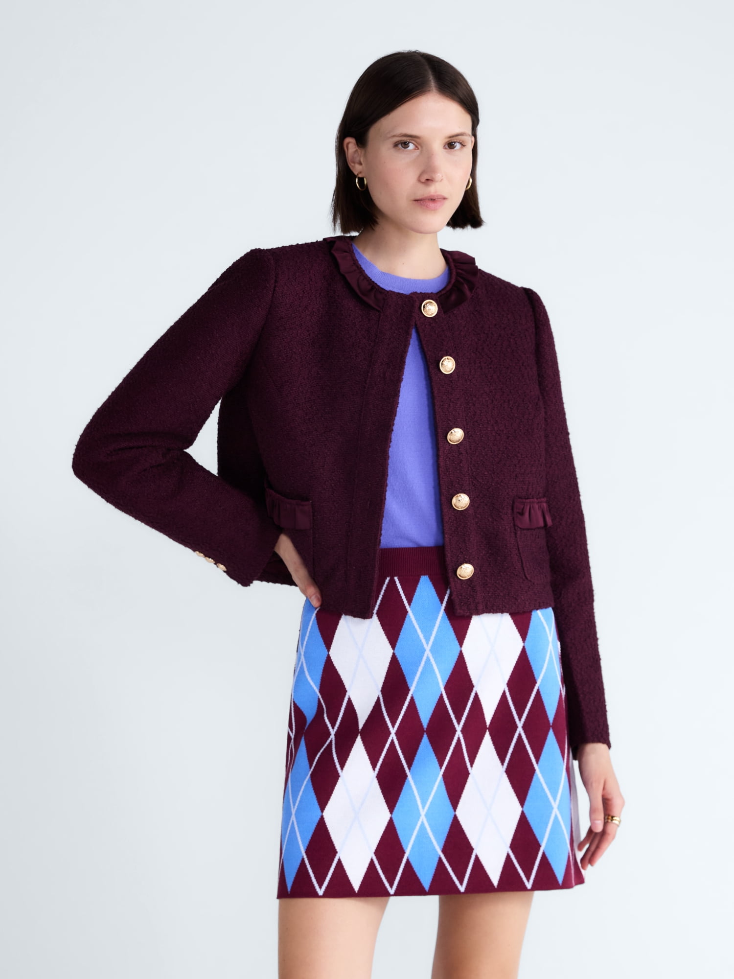 Free Assembly Women’s and Women's Plus Ruffle Trim Nubby Jacket with Long Sleeves, Sizes XS-4X