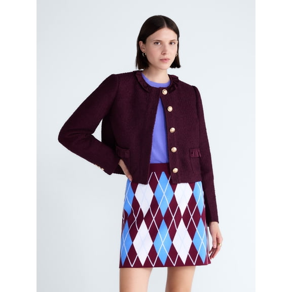 Free Assembly Women’s and Women's Plus Ruffle Trim Nubby Jacket with Long Sleeves, Sizes XS-4X