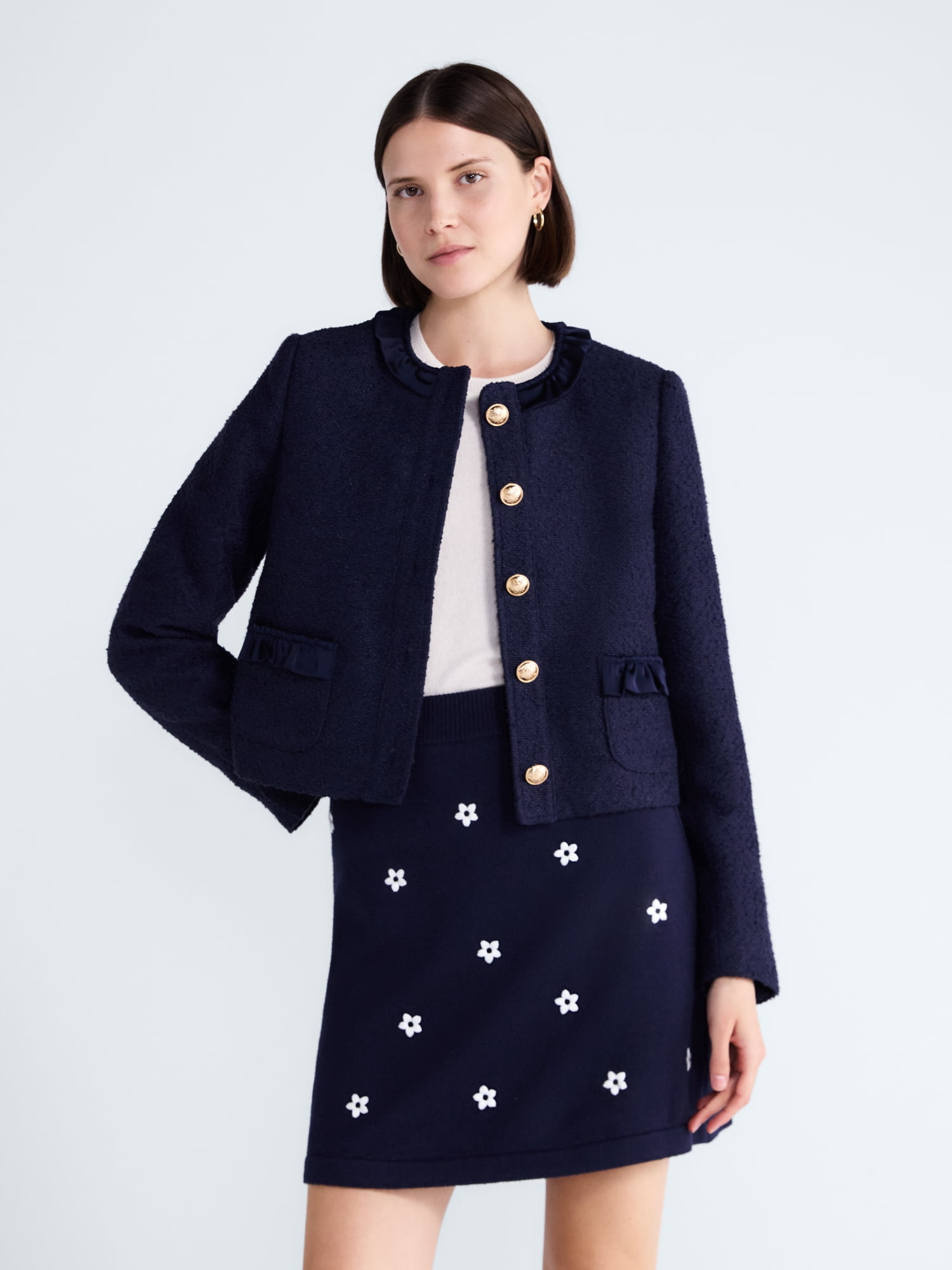 Free Assembly Women’s and Women's Plus Ruffle Trim Nubby Jacket with Long Sleeves, Sizes XS-4X
