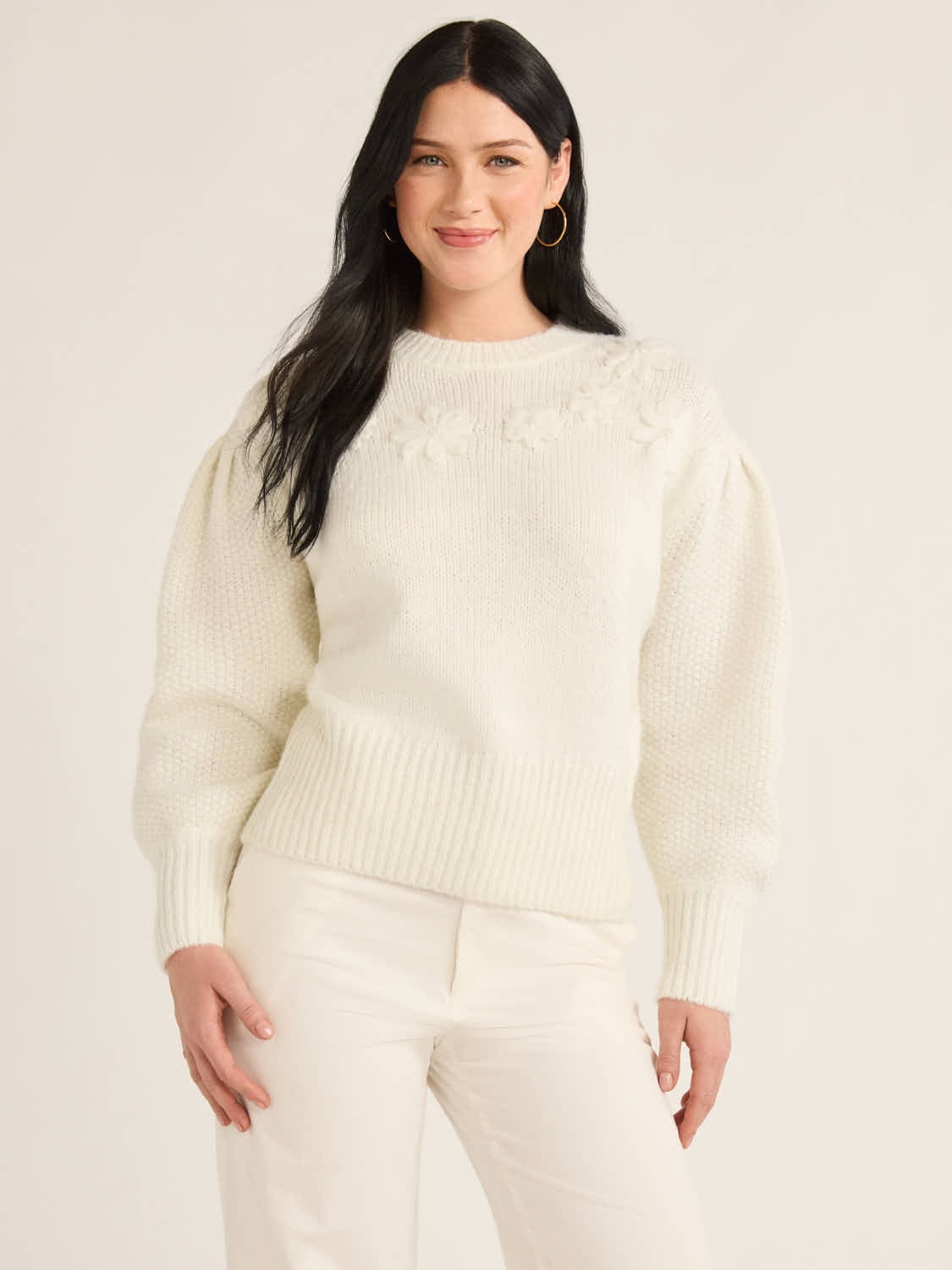 Free Assembly Women's & Women's Plus Embroidered Flower Sweater with Long Sleeves, Midweight, Sizes XS-4X