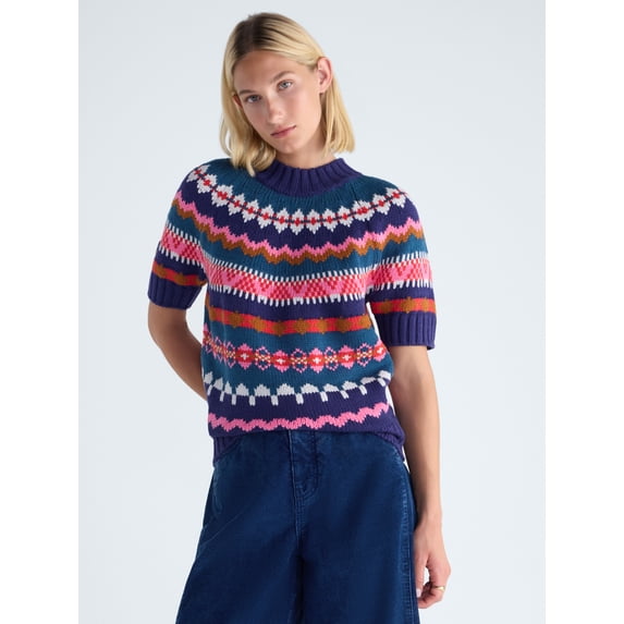 Free Assembly Women's Yoke Stitch Sweater with Short Sleeves, Midweight, Sizes XS-XXL