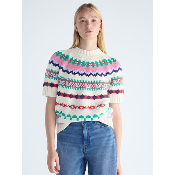 Free Assembly Women's Yoke Stitch Sweater with Short Sleeves, Midweight, Sizes XS-XXL