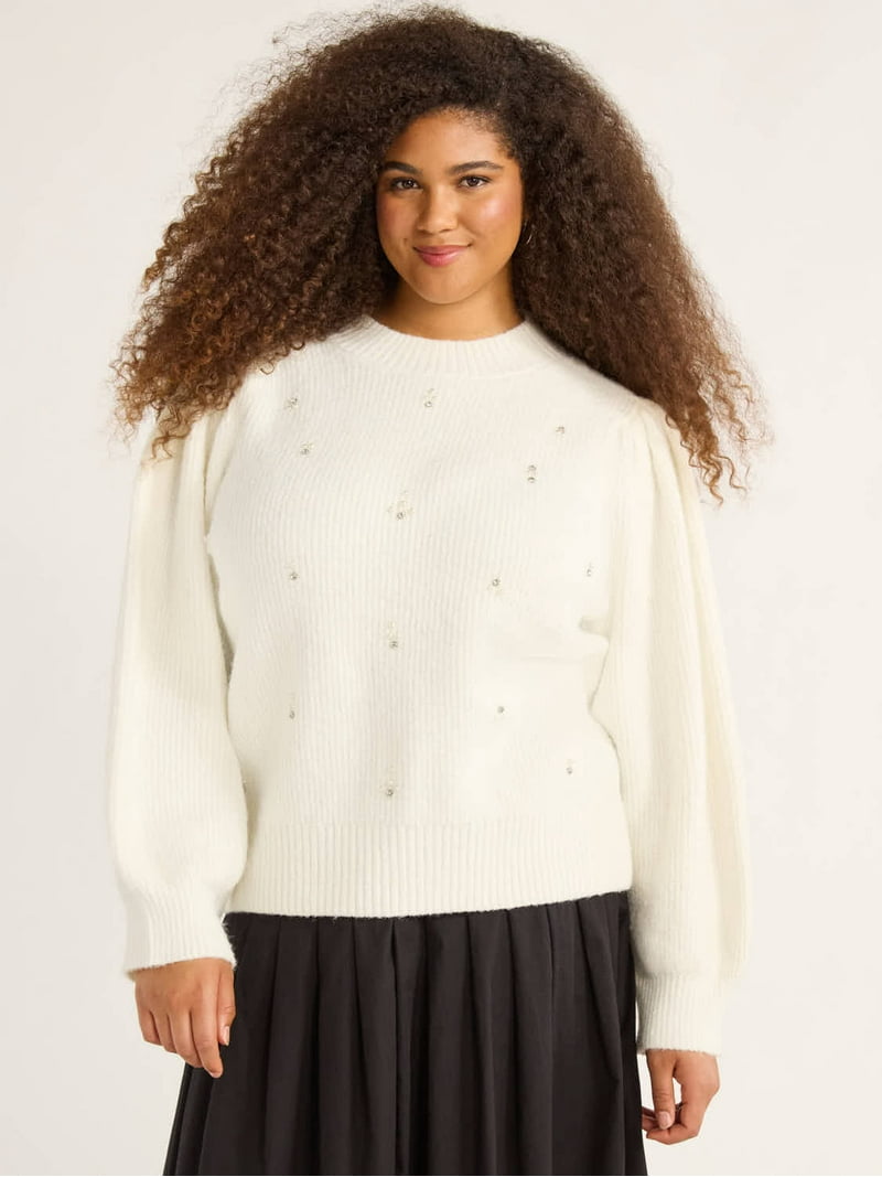 Free Assembly Women's and Women's Plus Beaded Sweater with Puff