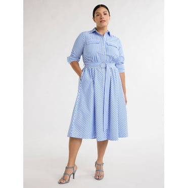 Free Assembly Women's and Women's Plus Belted Midi Shirtdress with Long Sleeves, Sizes XS-4X
