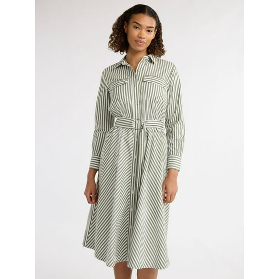 Free Assembly Women's and Women's Plus Belted Midi Shirtdress with Long Sleeves, Sizes XS-4X