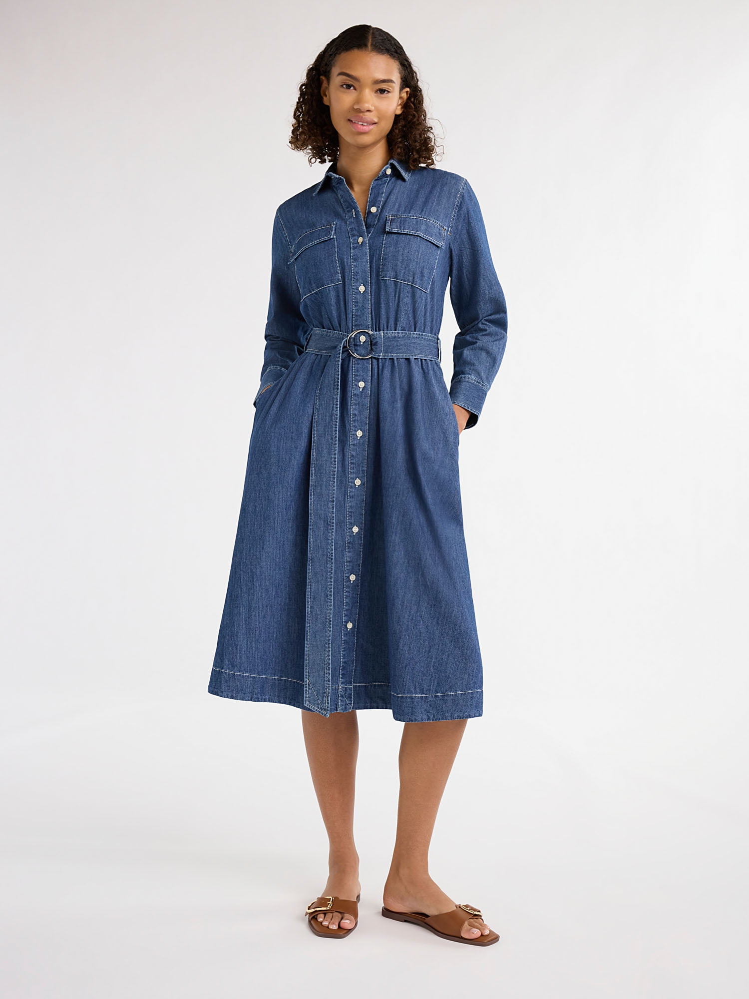 Free Assembly Women's and Women's Plus Belted Midi Shirtdress with