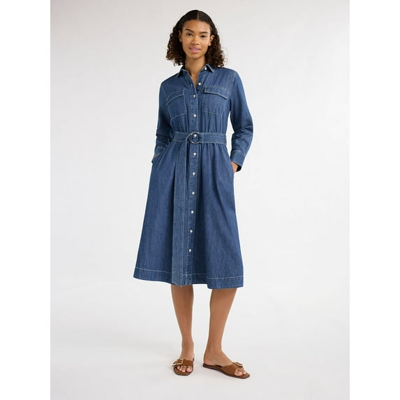 Free Assembly Women's Belted Denim Midi Shirtdress with Long Sleeves, Sizes XS-XXL