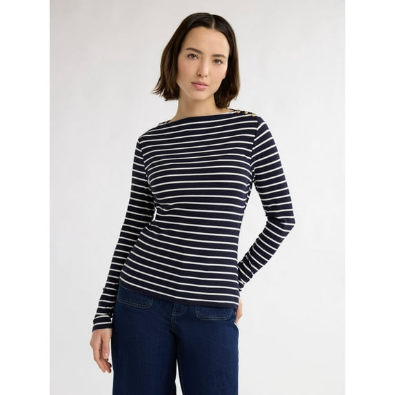 Free Assembly Women’s and Women's Plus Boatneck Top with Long Sleeves, Sizes XS-4X
