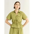 thumbnail image 1 of Free Assembly Women's and Women's Plus Bow Front Cotton Utility Shirt with Short Sleeves, XS-4X, 1 of 4