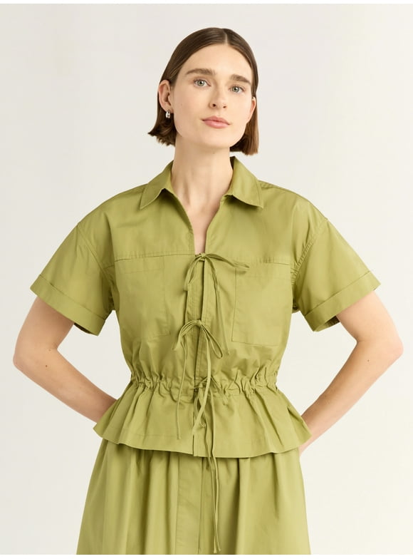 Women's and Women's Plus Bow Front Cotton Utility Shirt with Short Sleeves, XS-4X