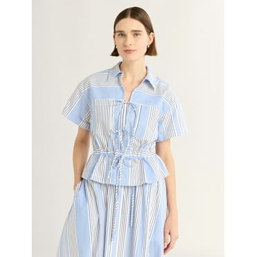 Free Assembly Women's and Women's Plus Bow Front Cotton Utility Shirt with Short Sleeves, XS-4X