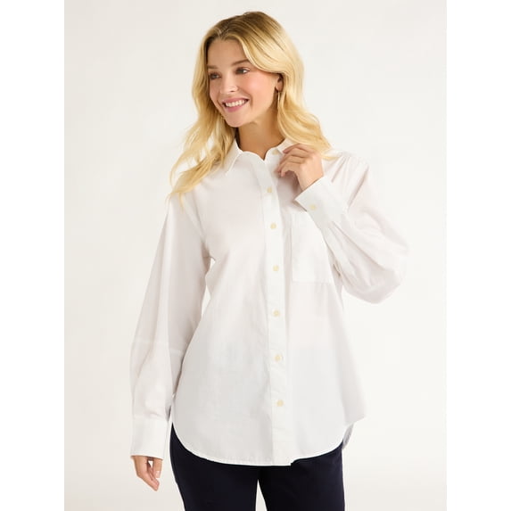 Free Assembly Women’s and Women's Plus Button Front Boxy Cotton Tunic Shirt with Long Sleeves, Sizes XS-4X