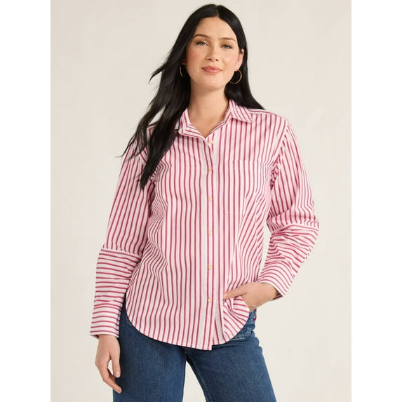 Free Assembly Women’s and Women's Plus Button Front Boxy Cotton Tunic Shirt with Long Sleeves, Sizes XS-4X