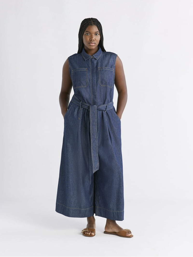 Free Assembly Women's and Women's Plus Chambray Wide Leg Cropped